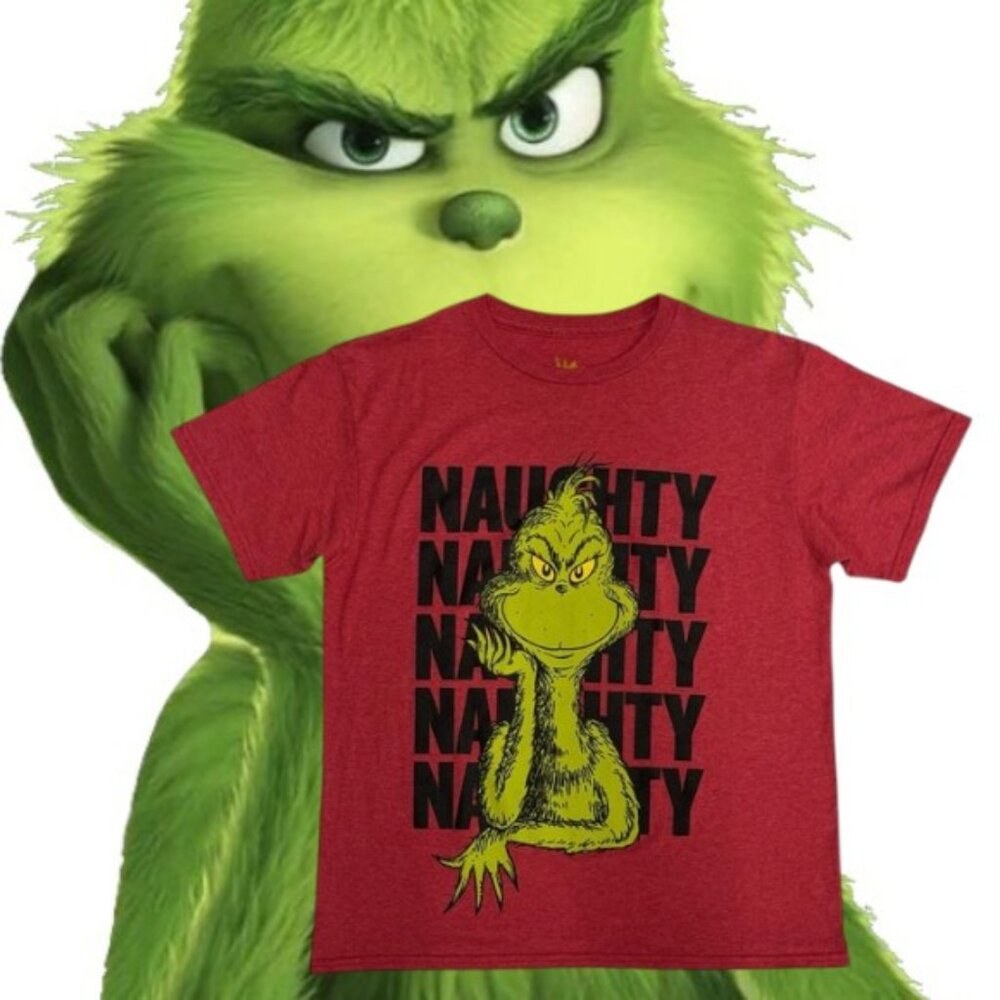Dr Seuss The Grinch "Naughty" Christmas Red Green Graphic T-Shirt Tee Youth MD